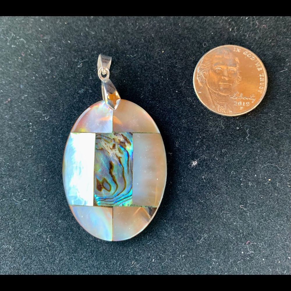 Oval Mother of Pearl and Abalone inlayed pendant with 925 sterling silver bail